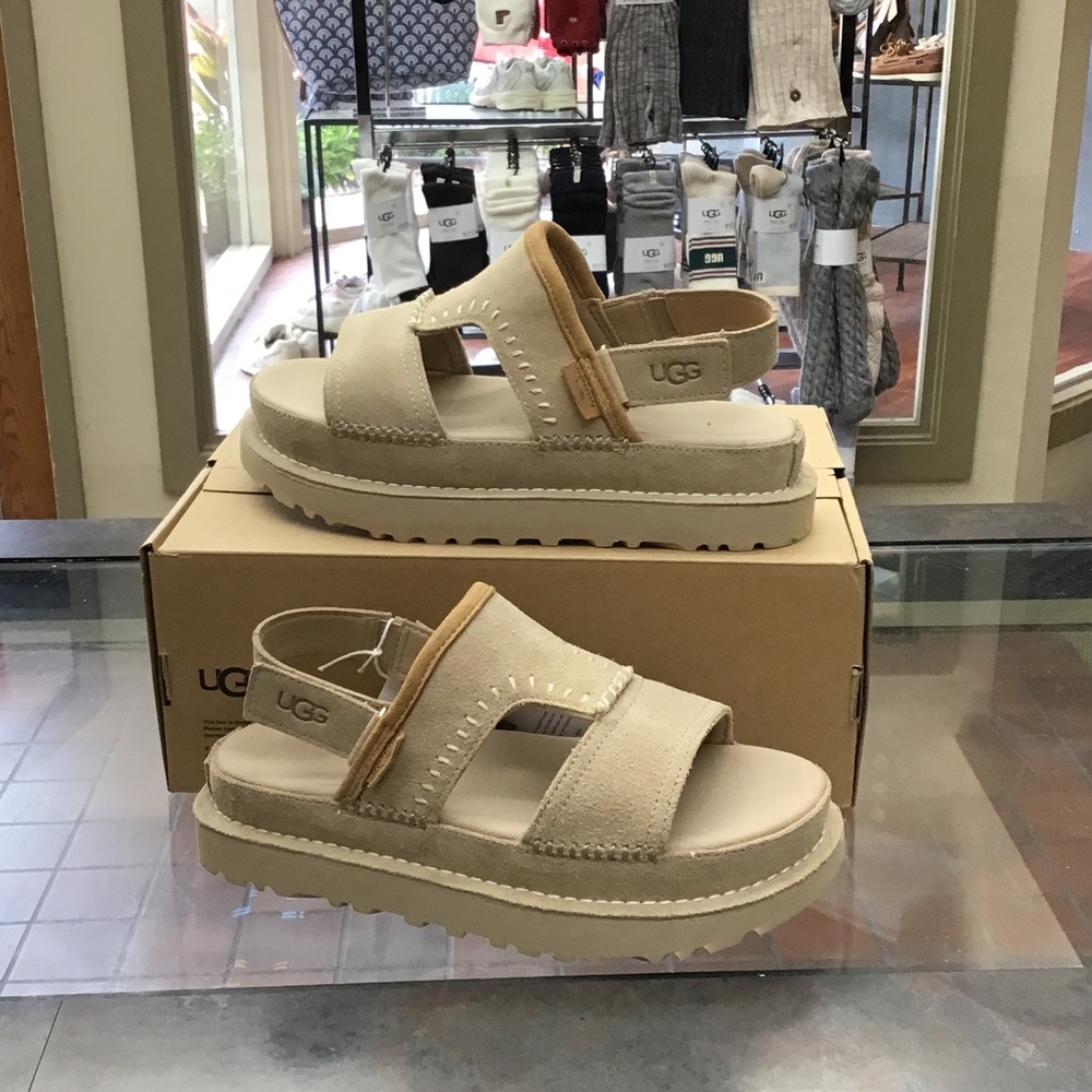 UGG Beige Suede Platform Slide Sandals